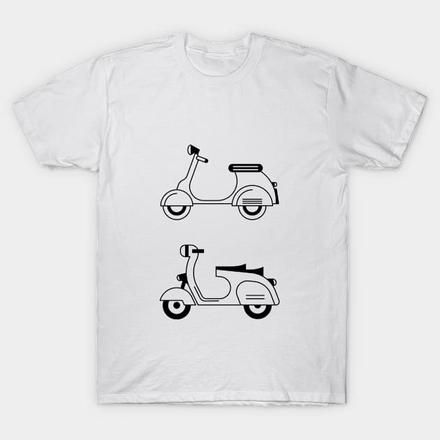 Illustration of two stylized black and white scooter (motorcycle) T-Shirt by iswenyi Art